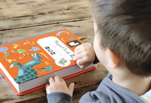 enfant jouant au jeu magnétique dinosaure janod