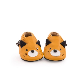 Chaussons cuir chat moutarde Les moustaches 6-12 mois