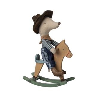 Petit frère Souris Cow-boy sur son cheval à bascule