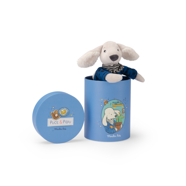 Peluche Chien Pilou bleu & sa Boite Puce & Pilou