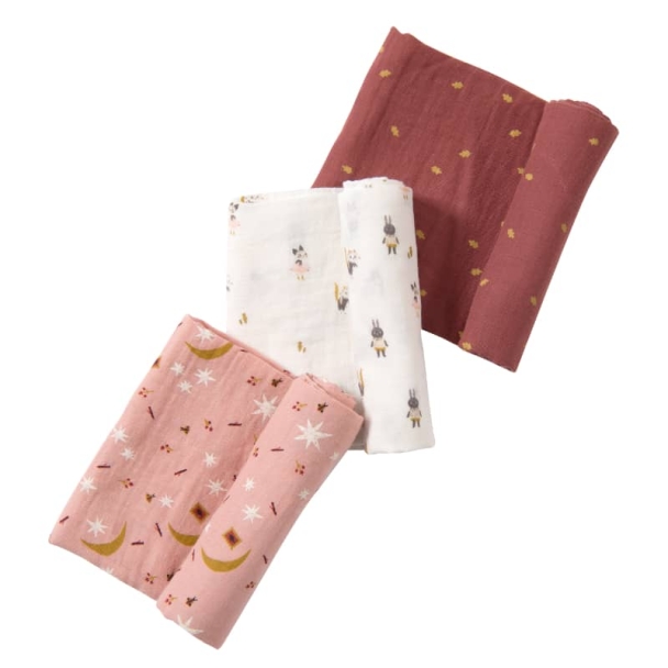 Set de 3 langes imprimés (personnages/étoiles/feuilles) Après la pluie