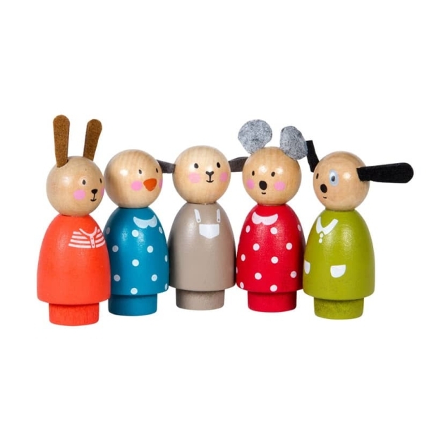 Set de 5 personnages en bois la grande famille